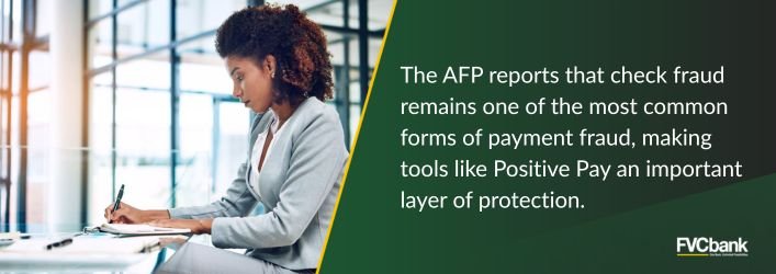 The AFP reports that check fraud remains one of the most common forms of payment fraud, making tools like Positive Pay an important layer of protection.
